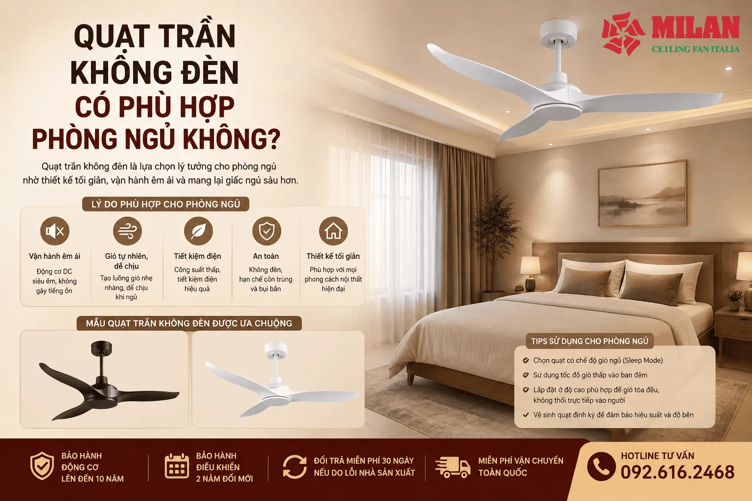 quạt trần không đèn cho phòng ngủ